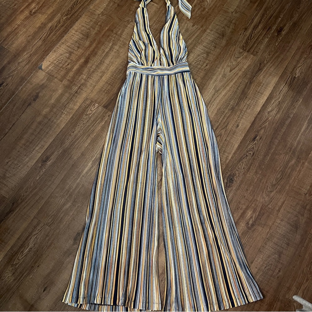 Nikki Beach Striped Halter Wide Leg Jumpsuit Resort Pantsuit Boho Ribbed size S - Picture 3 of 8